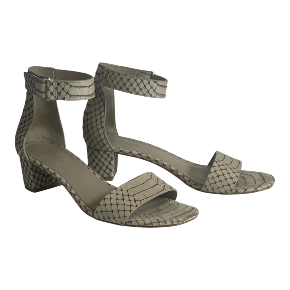 Vince Snakeskin Leather Block Heel Sandals 6.5 Beige Gray Ankle Strap Vero Cuoio
